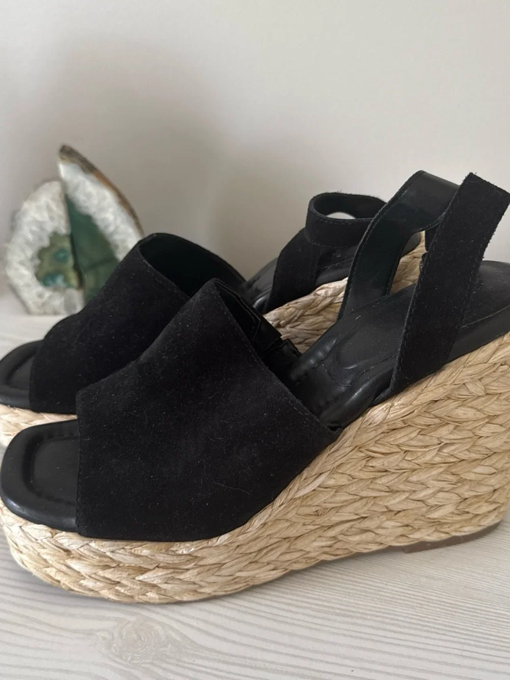 Marc Fisher Black Suede Espadrille Wedge Sandals with Ankle Strap